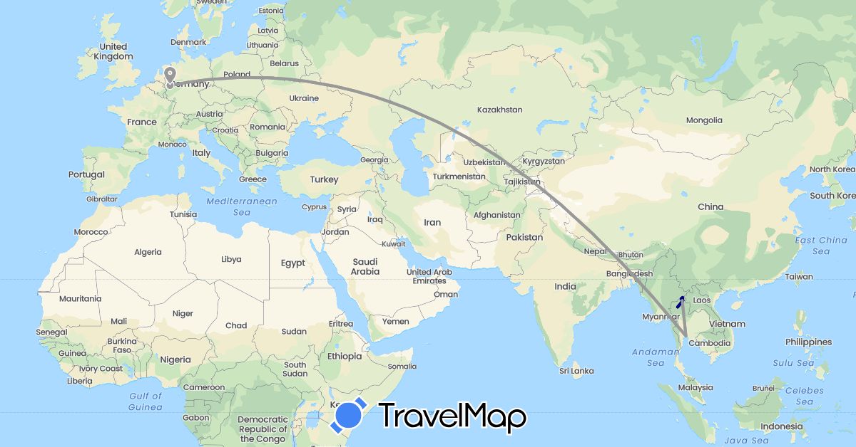 TravelMap itinerary: driving, plane in Germany, Thailand (Asia, Europe)